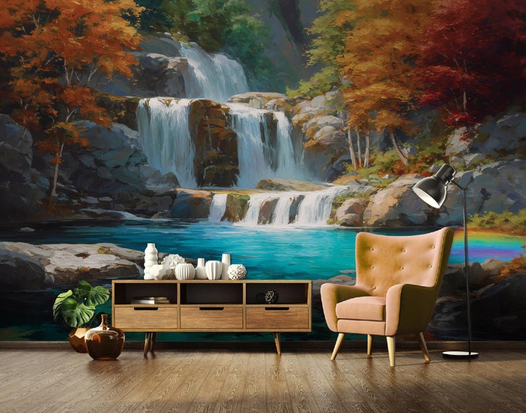 Fototapete mit Wasserfall Motiv und Wald in herbstlicher Atmosphäre mit Sideboard und Sessel im Wohnzimmer.