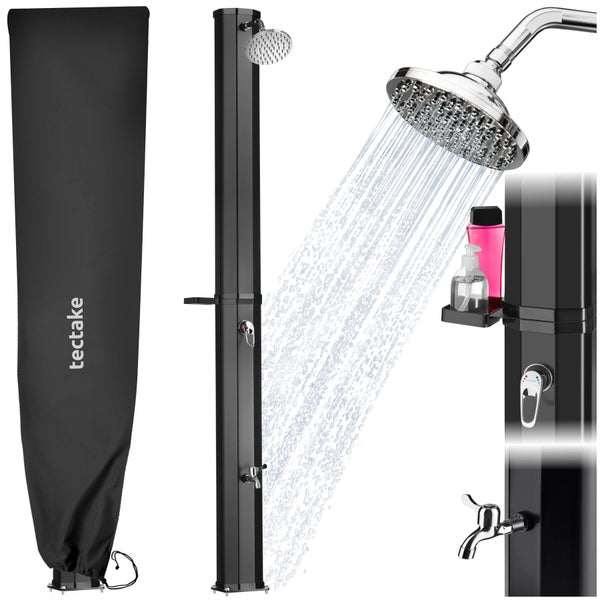 Schwarze Solardusche mit Regenduschkopf, Fußbrause, Einhebelmischer, Seifenablage und Schutzhülle mit tectake Logo.