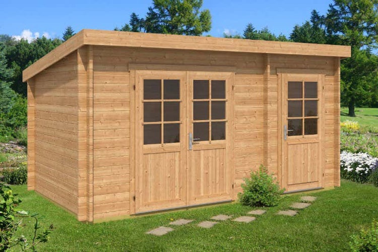 Alpholz Pultdach Gartenhaus Maria mit Anbau Gartenhaus aus Holz in natur, Holzhaus mit 40 mm Wandstärke FSC zertifiziert, Blockbohlenhaus mit Montagematerial imprägniert 4,5x2,5m