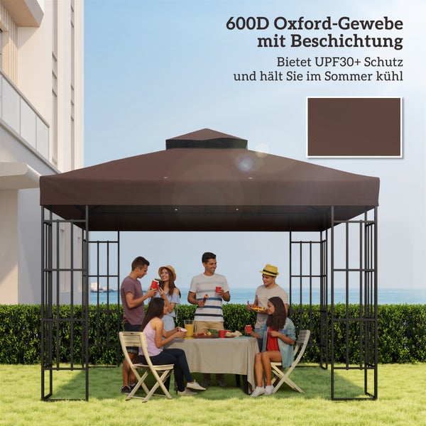Brauner Gartenpavillon mit beschichtetem 600D Oxford-Gewebe und UPF30 plus Sonnenschutz über einer Gruppe von Menschen im Freien.