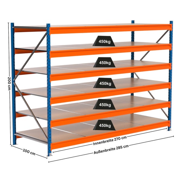 Regal mit fünf Ebenen zur Lagerung mit einer maximalen Traglast von 450 Kilogramm pro Ebene