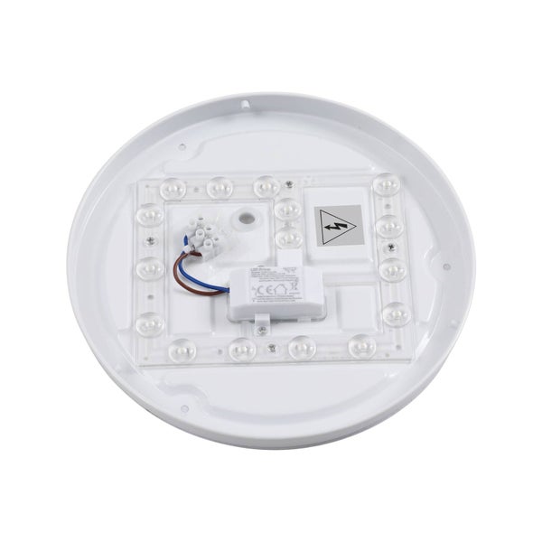 Innenansicht einer runden LED-Deckenleuchte mit quadratisch angeordneten LED-Modulen, einem LED-Treiber und der Verkabelung.