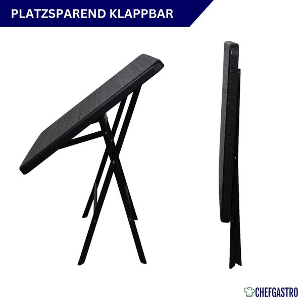 Schwarzer Klapptisch mit quadratischer Tischplatte und Metallgestell