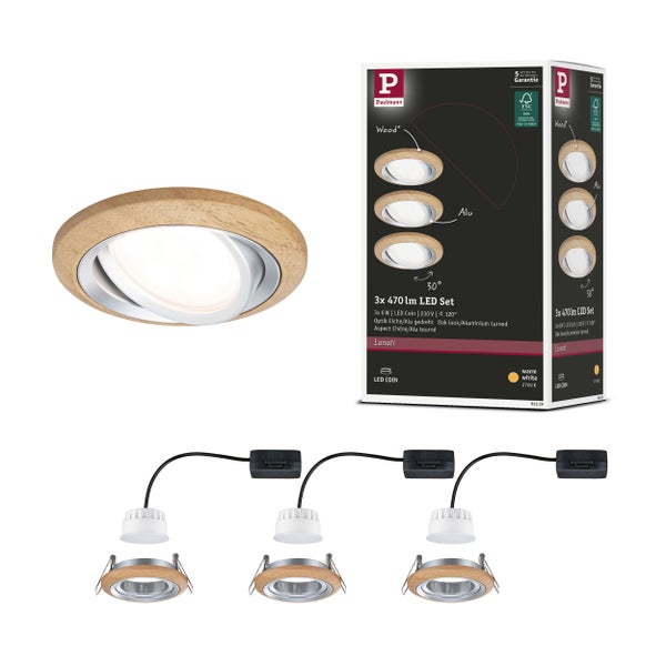 LED Einbauleuchte Lanati 3er-Set rund 84mm 30° Coin 3x6W 3x470lm 230V 2700K Farbton Eiche geölt, Alu gedreht