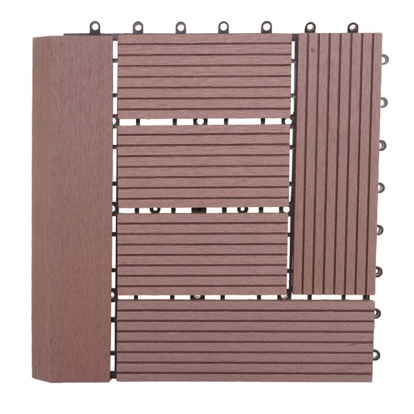 Quadratische Terrassenfliese aus Holz-Kunststoff-Verbundwerkstoff in Braun mit geriffelter Oberfläche und Kunststoff-Stecksystem.