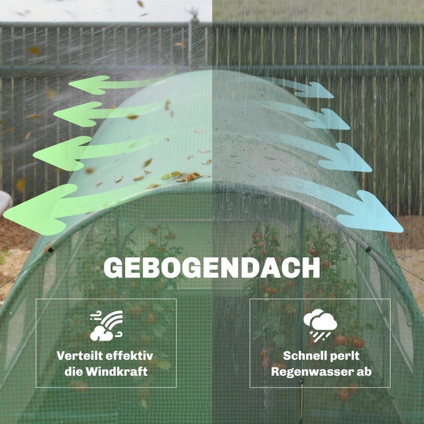 Foliengewächshaus mit Bogendach, das Windkraft effektiv verteilt und Regenwasser schnell abperlen lässt.