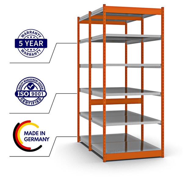 PROREGAL Fachbodenregal Stecksystem Vierkant-Profil Grundregal HxBxT 250 x 102,5 x 80 cm 2x6 Ebenen Doppelseitige Bauart Fachlast 200 kg Orange