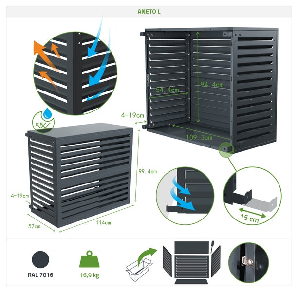 Aneto L Gerätehaus mit Lamellenoptik und Maßangaben