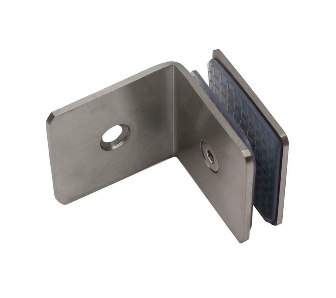 Winkelverbinder aus Edelstahl fuer Glasplatten mit Schutzpolster