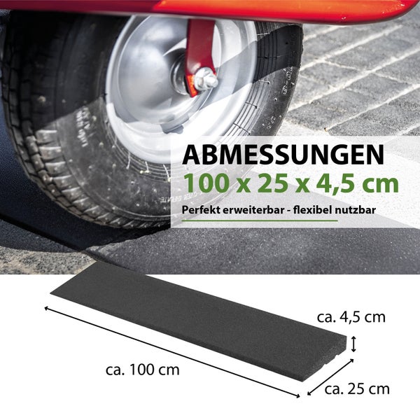 Gummirampe als Auffahrhilfe mit den Maßen 100 mal 25 mal 4,5 Zentimeter für Rollstühle oder Sackkarren.