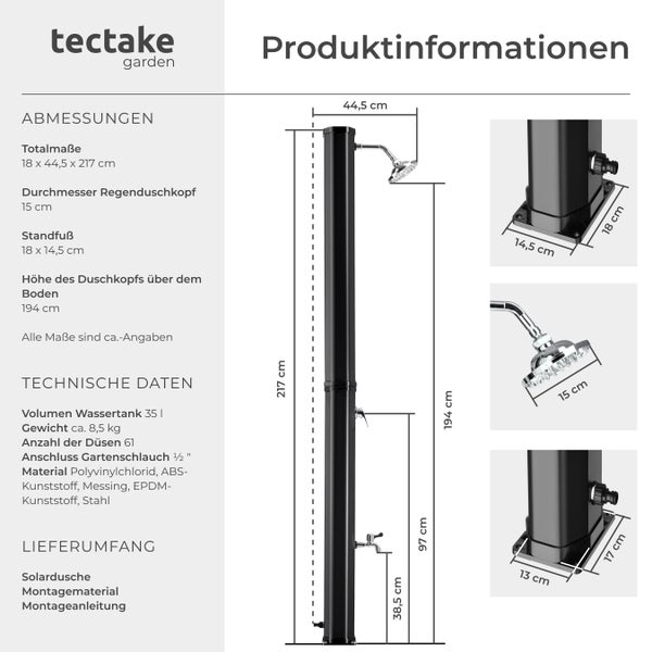 Produktinformationen Solardusche mit Abmessungen
