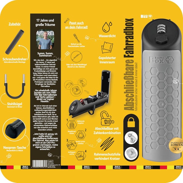BeeMyBox® 2.0 Fahrradbox abschließbar | Integriertes Zahlenschloss | Fahrradtasche Abschließbar | Made in Germany | bekannt aus Die Höhle Der Löwen