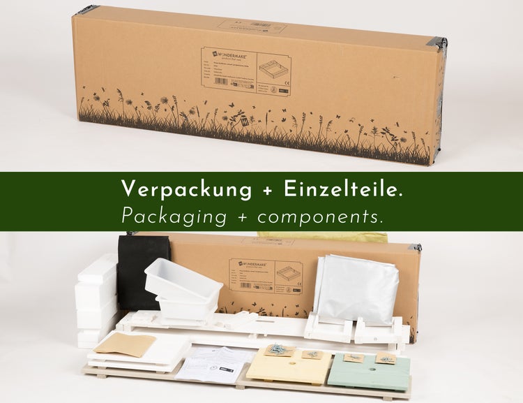 WONDERMAKE® Design Sandkasten mit Matschküche, Abdeckung OXFORD 420D, Vliesfolie, Sandkiste Holz quadratisch verschließbar Outdoor Garten für Kinder, weiß bunt