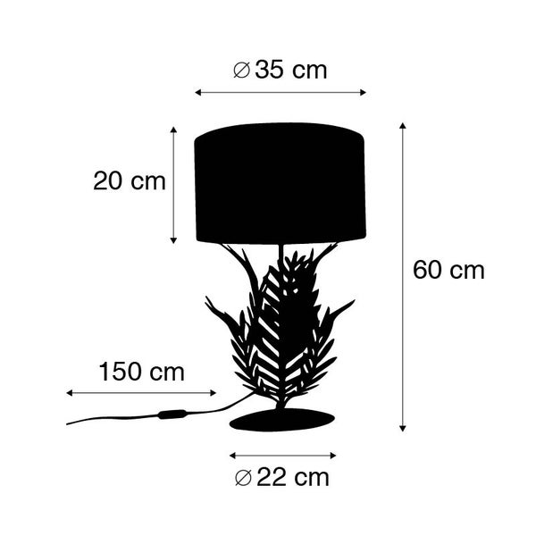 Technische Zeichnung einer Tischleuchte mit den Maßen 60 cm Höhe, 35 cm Schirmdurchmesser und 22 cm Fußdurchmesser