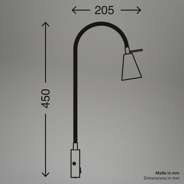 Abbildung der Abmessungen einer Leuchte mit flexiblem Arm