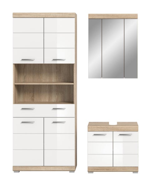 Dreiteiliges Badezimmermöbel-Set bestehend aus Hochschrank, Spiegelschrank und Waschbeckenunterschrank in Holzoptik mit weißen Hochglanz-Fronten.