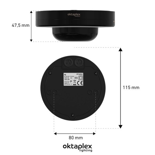 Bewegungsmelder von Oktaplex mit Maßangaben: Höhe 47,5 Millimeter, Durchmesser 115 Millimeter, Lochabstand 80 Millimeter. Oktaplex Lighting Logo.