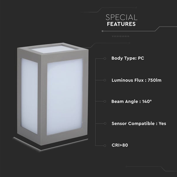 Außenleuchte mit Polycarbonat Gehäuse, 750 Lumen Lichtstrom und 140 Grad Abstrahlwinkel, Sensor kompatibel, Farbwiedergabeindex größer 80