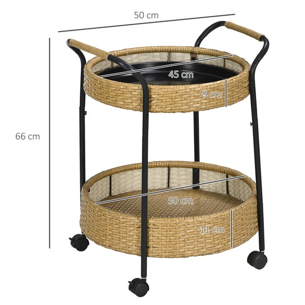 Outsunny Servierwagen Rattan Trolley mit 2 Regalen, Φ50 x 66 cm, Stahl, Gelb