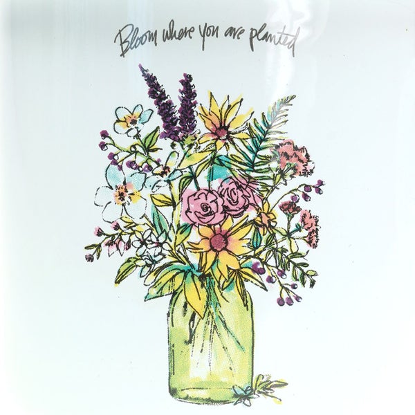 Illustration eines Blumenstraußes in einer Vase mit dem Schriftzug Blühe wo du gepflanzt bist