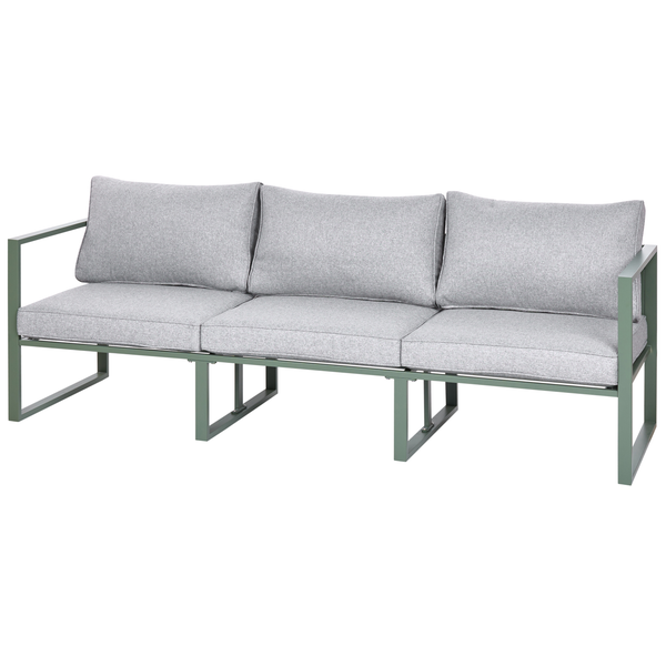Dreisitzer-Gartensofa mit Metallgestell und grauen Polstern.