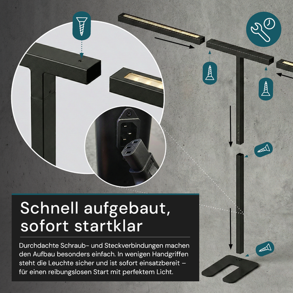 Abbildung einer Standleuchte im zerlegten Zustand mit Montageanleitung