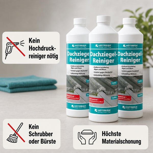Drei Flaschen Hotrega Dachziegel Reiniger Konzentrat zur selbsttätigen Entfernung von Grünbelag, Algen und Moos ohne Hochdruckreiniger oder Bürste.