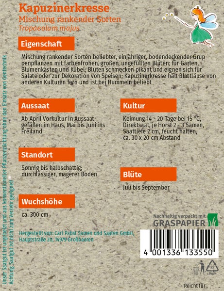 Rückseite einer Samentüte für Kapuzinerkresse mit Anbauhinweisen zu Aussaat, Standort und Wuchshöhe auf nachhaltigem Graspapier.