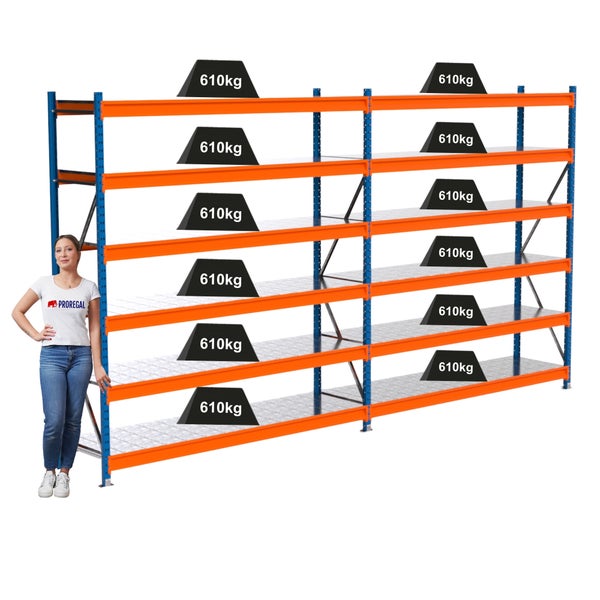 Metallregal mit fünf Ebenen und einer Tragfähigkeit von 610 Kilogramm pro Ebene.