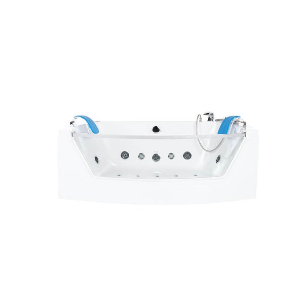 Rechteckige Whirlpool Badewanne mit Glasfront, Nackenkissen und integrierter Armatur für Wellness im Badezimmer.