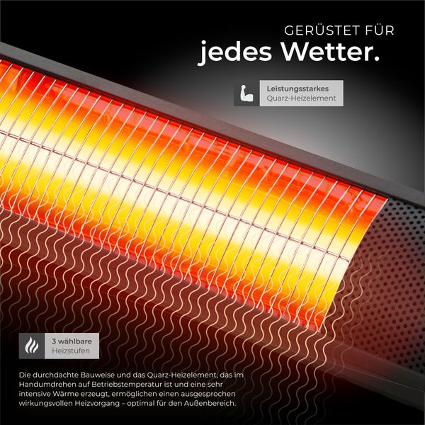 Elektrischer Terrassenstrahler mit Quarzheizelement und drei Heizstufen für den Außenbereich.