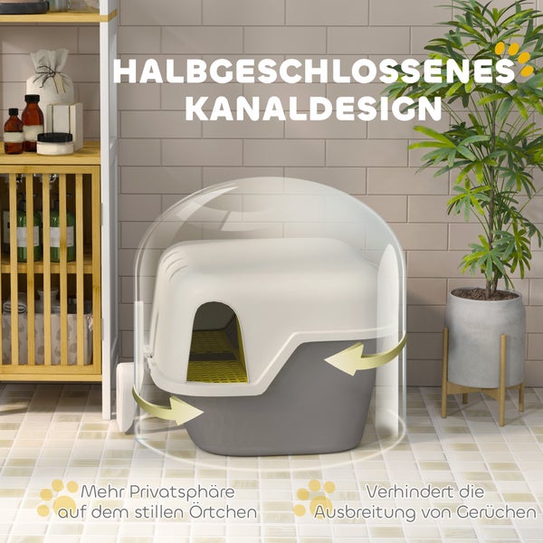 PawHut Katzentoilette mit Deckel, Katzenklo mit Sieb, Schaufel, geschlossen Katze Toilettenhaus für kleine Katze unter 3,5 kg, Indoor, Kunststoff, Cremeweiß