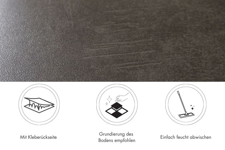 Strukturierte Oberfläche einer selbstklebenden Bodenfliese mit Symbolen für einfache Verlegung und Reinigung sowie empfohlene Grundierung.