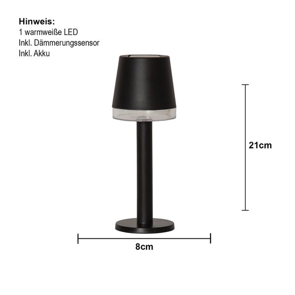 Schwarze LED Tischleuchte mit Dämmerungssensor, 21 Zentimeter hoch