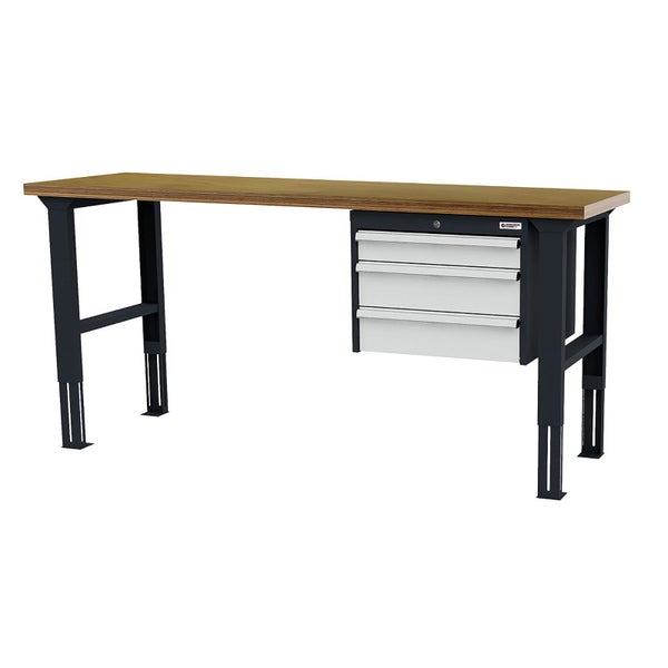 Werkbank mit brauner Holzplatte, drei lichtgrauen Schubladen und dunkelgrauen, höhenverstellbaren Metallbeinen.