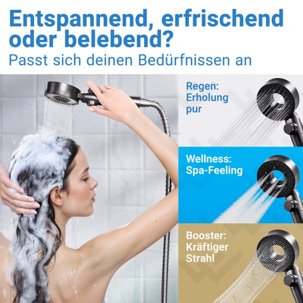 Handbrause mit drei Strahlarten: Regen zur Erholung, Wellness für Spa-Gefühl und Booster für einen kräftigen Strahl. Eine Frau nutzt die Brause.