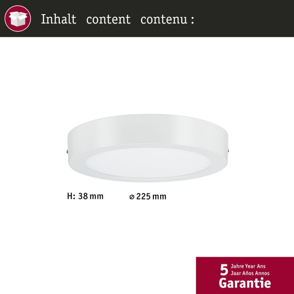 Rundes LED-Panel mit einer Höhe von 38 Millimetern und einem Durchmesser von 225 Millimetern, inklusive 5 Jahre Garantie.