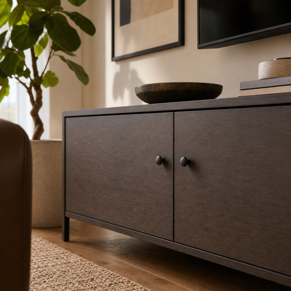 Dunkles Sideboard aus Holz mit zwei Türen und schwarzen Knöpfen in einem Wohnzimmer neben einer Zimmerpflanze.