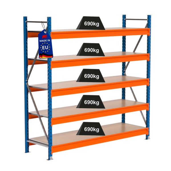 Regal mit fünf Ebenen und Belastungsgewicht von 690 Kilogramm pro Ebene. Hergestellt in der Europäischen Union.