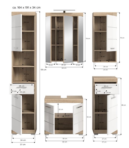 Badezimmermöbel-Set in Holzoptik mit weißen Fronten und detaillierten Maßangaben für Hochschrank, Spiegelschrank und Unterschränke.
