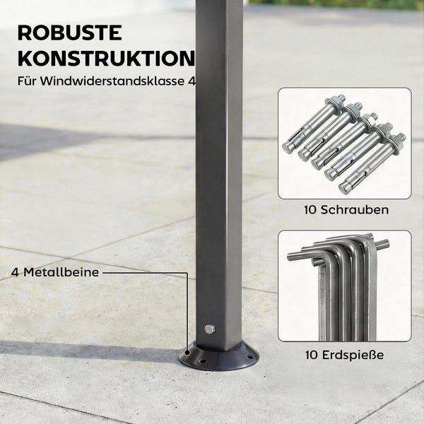 Detailansicht eines Metallstandbeins mit Befestigungsmaterial wie Ankerbolzen und Erdspießen für Windwiderstandsklasse 4.
