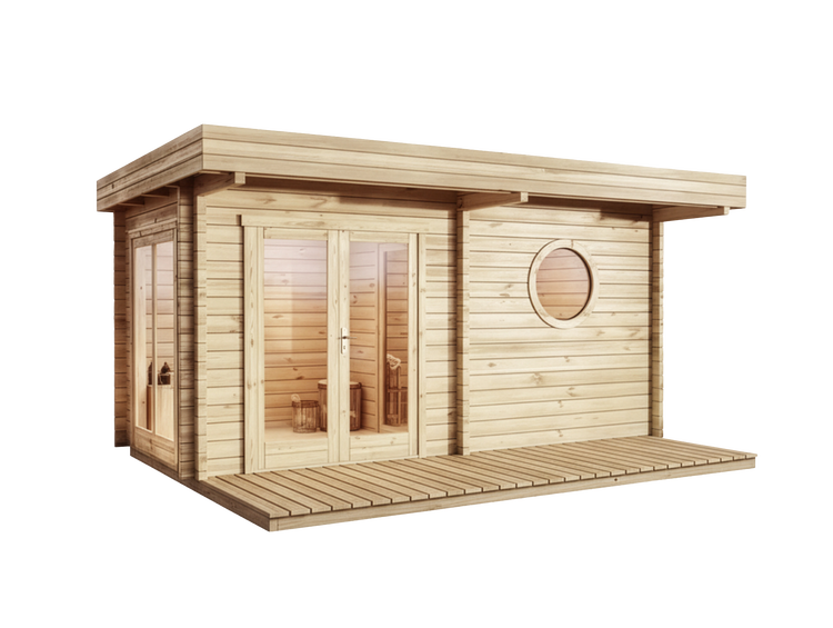Modernes Saunahaus aus Holz mit Pultdach, Doppelflügeltür mit Glaseinsatz, rundem Bullaugenfenster und Holzterrasse.