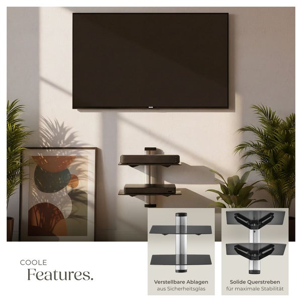 Wandregal für TV-Zubehör mit zwei höhenverstellbaren Ablagen aus Sicherheitsglas und stabilen Querstreben, unter einem Fernseher montiert.