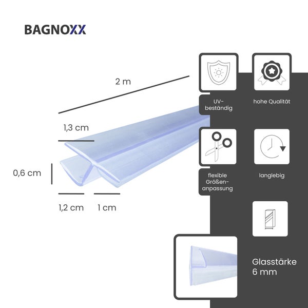 BAGNOXX Logo. Transparente Duschdichtung, 2 Meter lang, für 6 Millimeter Glasstärke. UV-beständig, zuschneidbar und langlebig.