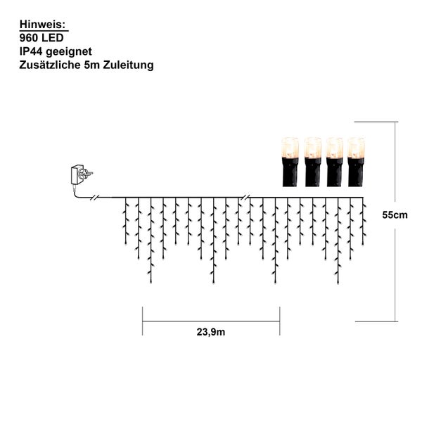 Technische Zeichnung einer 960 LED Lichterkette mit den Maßen 23,9 Meter Länge und 55 Zentimeter Höhe