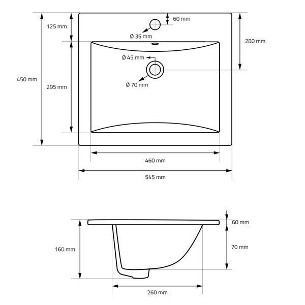 Technische Zeichnung eines Waschtischs mit Maßangaben