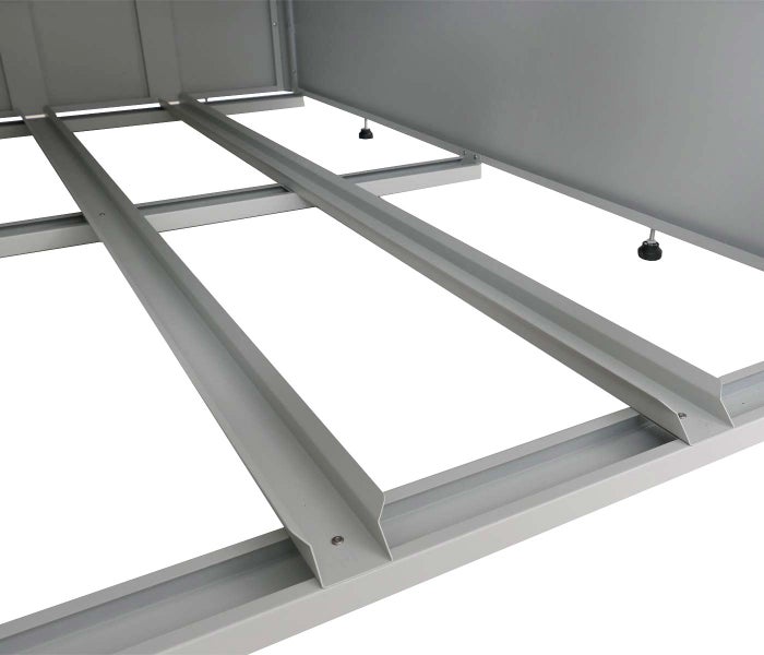 Metall-Bodenrahmen für Gartenhäuser mit verstellbaren Nivellierfüßen zur Stabilisierung.