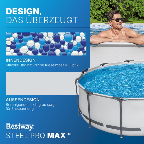 Runder Bestway Steel Pro MAX Aufstellpool mit hellgrauer Außenwand und Innenfolie in Kieselmosaik-Optik.