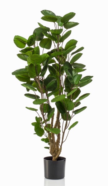 Detailansicht einer Kunstpflanze im schwarzen Kunststofftopf mit strukturiertem braunem Stamm.