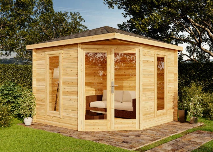 Alpholz 5-Eck Gartenhaus Liwa Compact Gartenhaus aus Holz in natur, Holzhaus mit 40 mm Wandstärke, Blockbohlenhaus mit Montagematerial imprägniert 3x3m